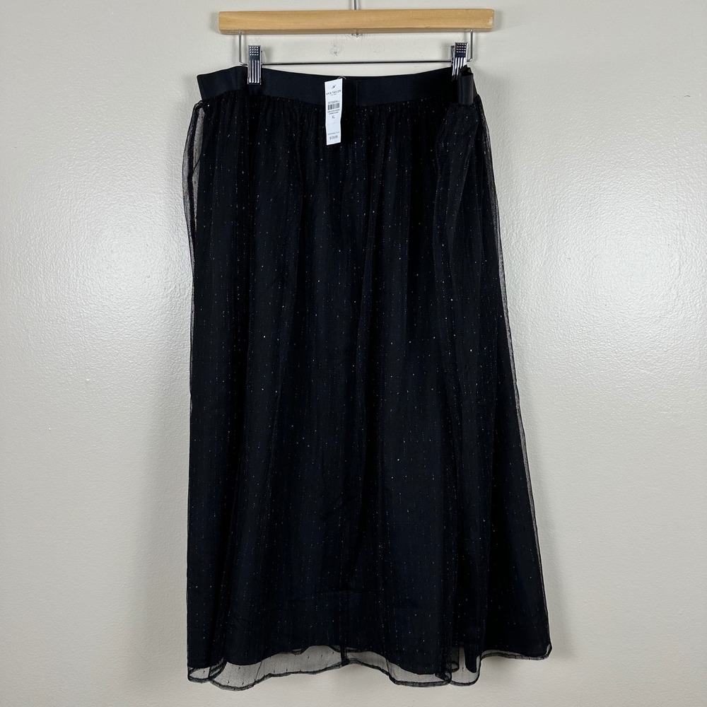 Ann Taylor Factory Women's XL Tulle Midi Skirt Black Glitter Metallic NWT